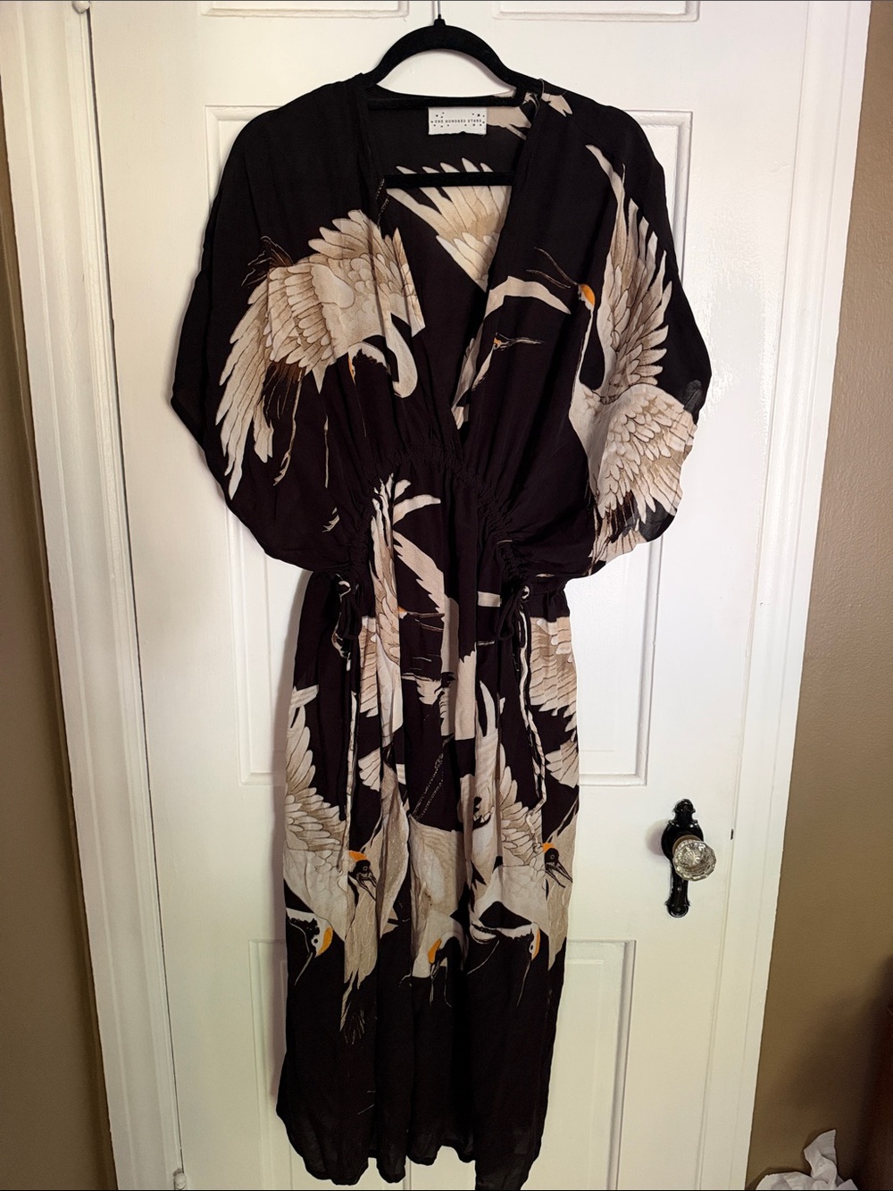 One Hundred Stars Boho Crane Print Black Maxi Dress